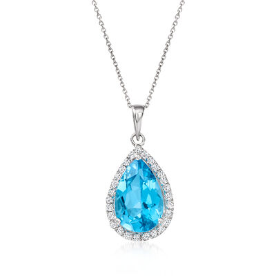 C. 2000 Vintage 3.75 Carat Swiss Blue Topaz Pendant Necklace with .30 ct. t.w. Diamonds in 14kt White Gold