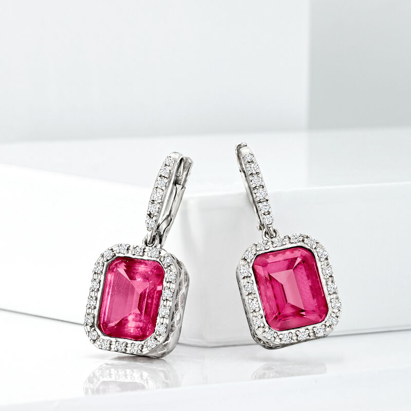 6.50 ct. t.w. Pink Topaz and .36 ct. t.w. Diamond Frame Drop Earrings in Sterling Silver image number 2