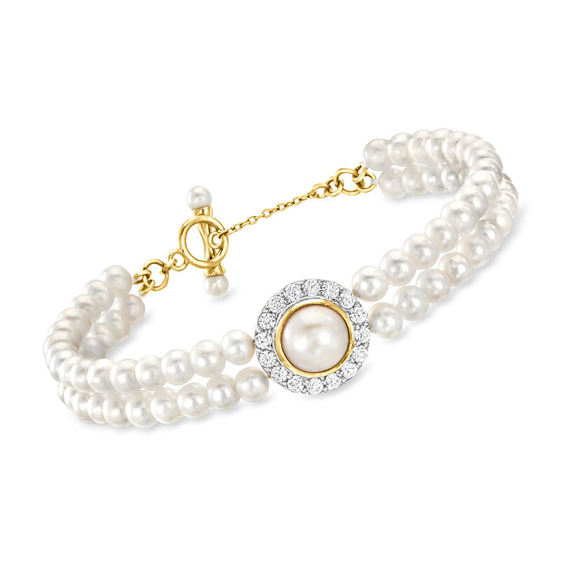 4-8.5mm Cultured Pearl and 1.00 ct. t.w. White Zircon Bracelet in 18kt Gold Over Sterling. 7&quot; image number 0