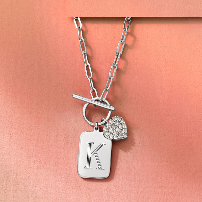 Single-Initial - .25 ct. t.w. Diamond Heart Tag Paper Clip Link Toggle Necklace in Sterling Silver. 20" image number 2