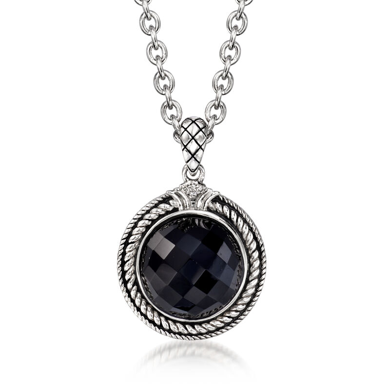 Andrea Candela &quot;Trebol&quot; Onyx Pendant Necklace with Diamond Accents in Sterling Silver. 17&quot; image number 1