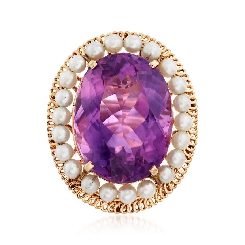 C. 1960 Vintage 3.5mm Cultured Pearl and 41.00 Carat Amethyst Ring in 14kt Yellow Gold. Size 7 image number 0