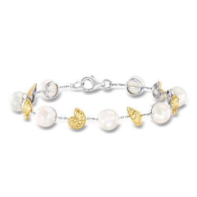 8-8.5mm Cultured Pearl Seashell Bracelet in Sterling Silver and 18kt Gold Over Sterling