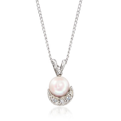 C. 1960 Vintage 6mm Cultured Pearl Pendant Necklace with Diamonds in 14kt White Gold