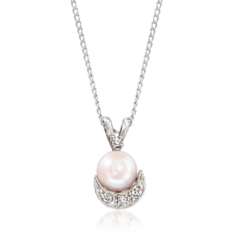 C. 1960 Vintage 6mm Cultured Pearl Pendant Necklace with Diamonds in 14kt White Gold. 15" image number 0
