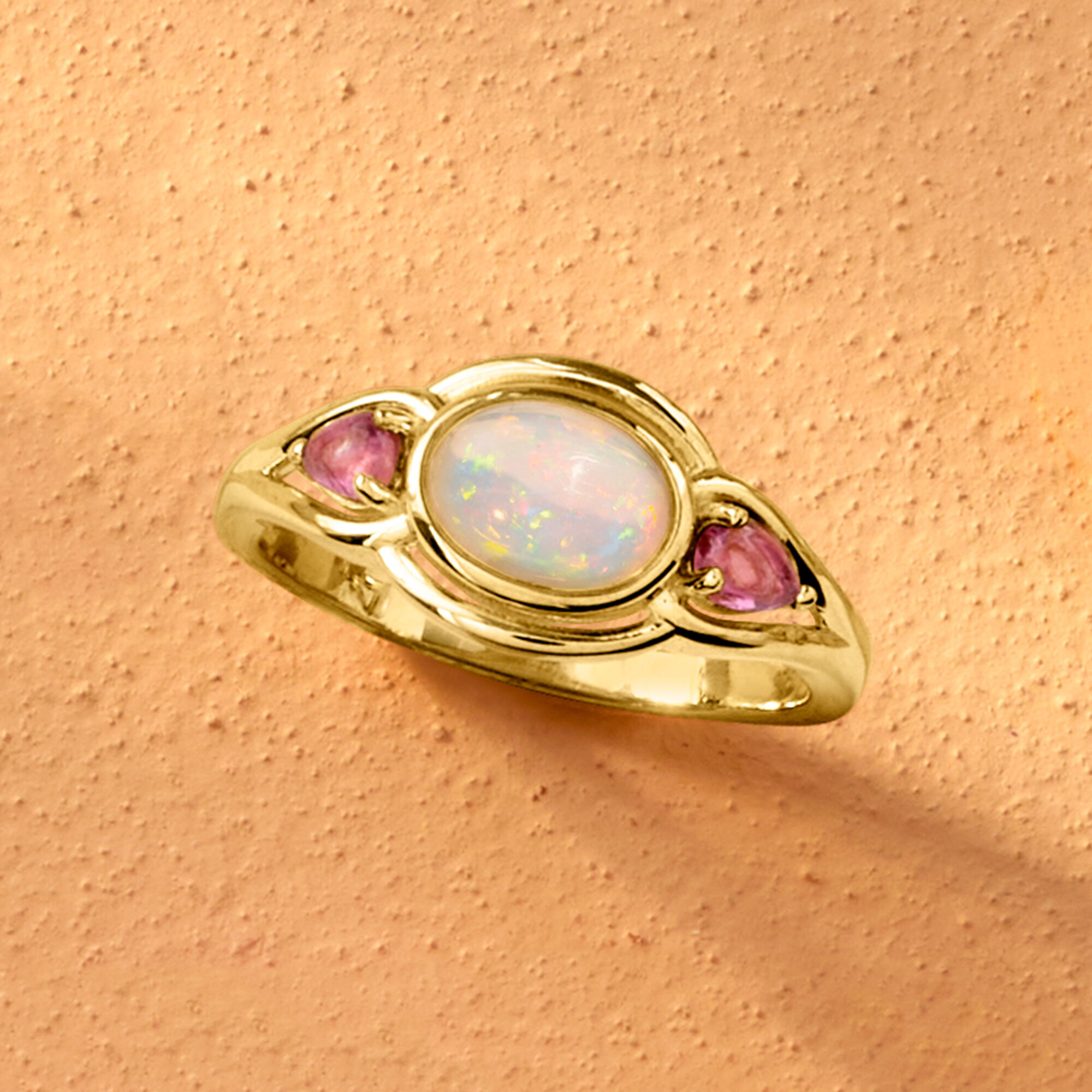 Ethiopian Opal and .40 ct. t.w. Pink Tourmaline Ring in 18kt Gold Ethiopian Opal and .40 ct. t.w. Pink Tourmaline Ring in 18kt Gold