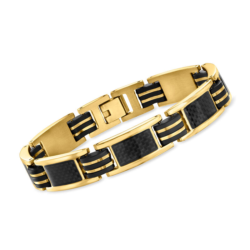 Men's 18kt Gold-Plated Square-Link Bracelet with Black Rubber image number 0