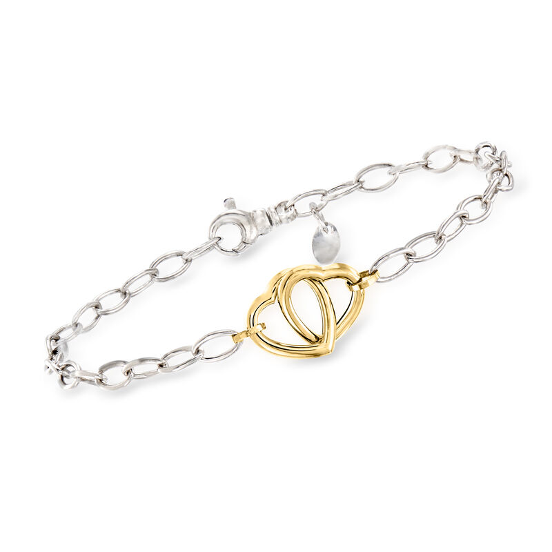 Italian 14kt Yellow Gold and Sterling Silver Interlocking Heart Bracelet image number 0