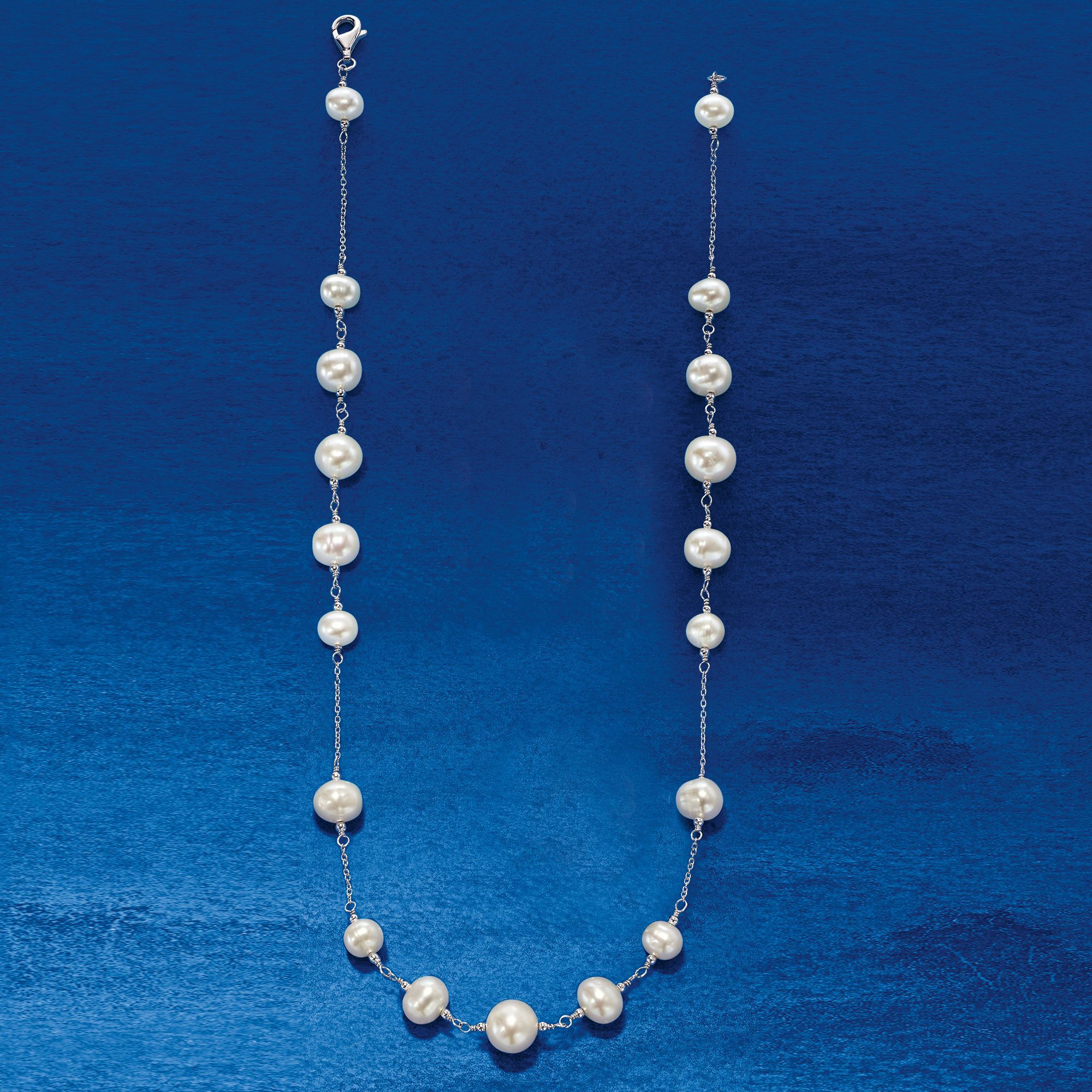6-10mm Cultured Pearl Station Necklace in Sterling Silver