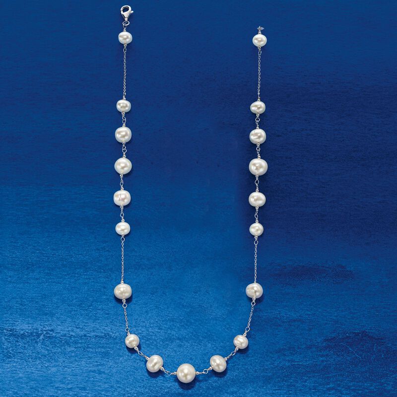 6-10mm Cultured Pearl Station Necklace in Sterling Silver image number 2