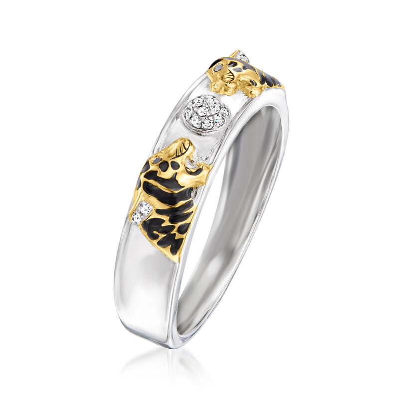 Black and White Diamond Tiger Ring with Black Enamel in Two-Tone Sterling Silver image number 2