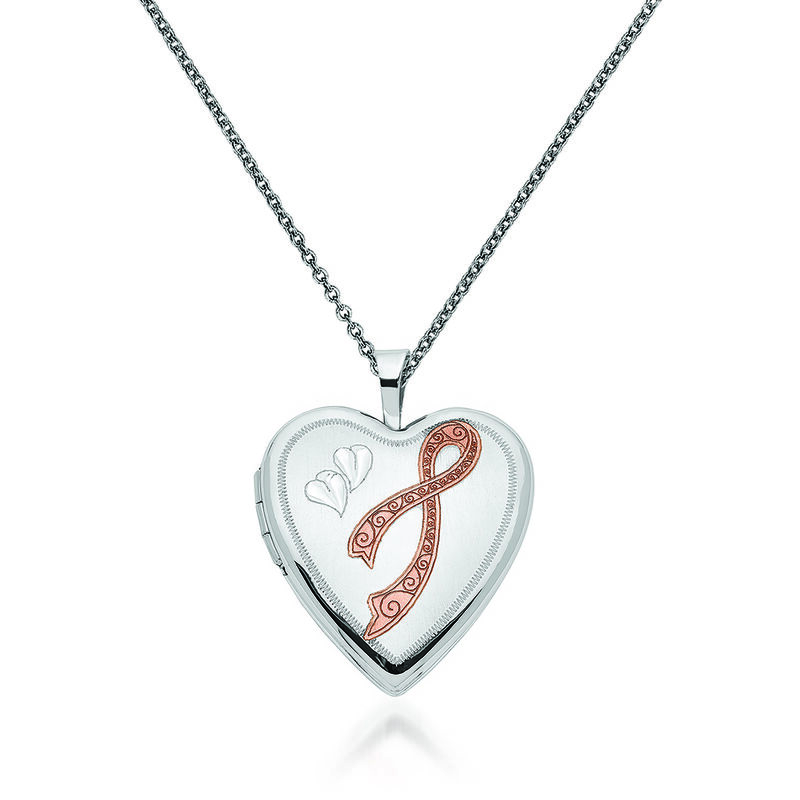 14kt White Gold Breast Cancer Awareness Heart Locket Necklace with Pink Enamel. 18&quot; image number 0