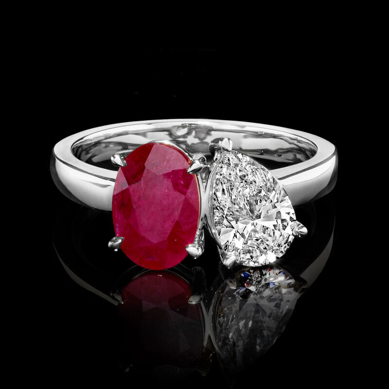 2.00 Carat Oval Ruby and 1.00 Carat Pear-Shaped Lab-Grown Diamond Toi et Moi Ring in 14kt White Gold image number 3