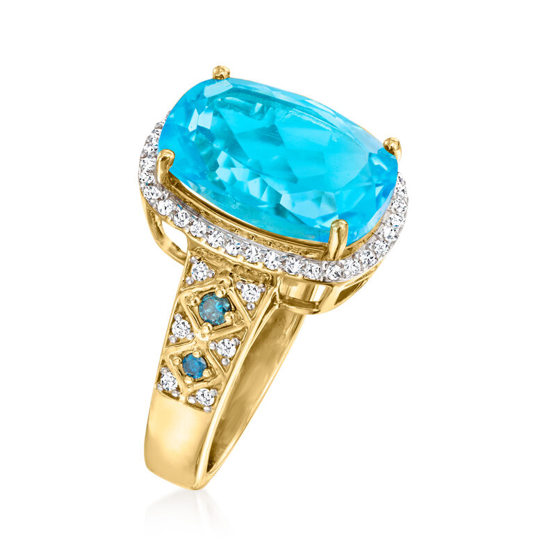8.00 Carat Swiss Blue Topaz Ring with .34 ct. t.w. Blue and White Diamonds in 14kt Yellow Gold image number 2