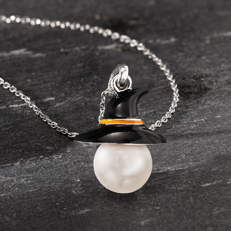 9-9.5mm Cultured Pearl and Multicolored Enamel Witch Hat Pendant Necklace in Sterling Silver image number 2