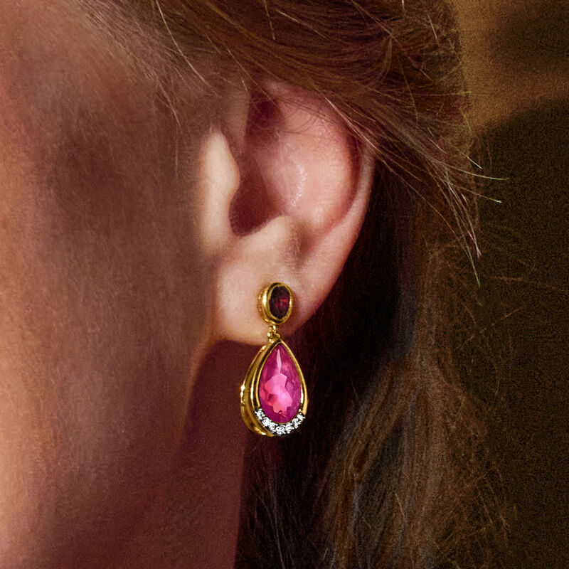 6.50 ct. t.w. Pink Topaz and .80 ct. t.w. Rhodolite Garnet Drop Earrings with .14 ct. t.w. Diamonds in 18kt Gold Over Sterling image number 2