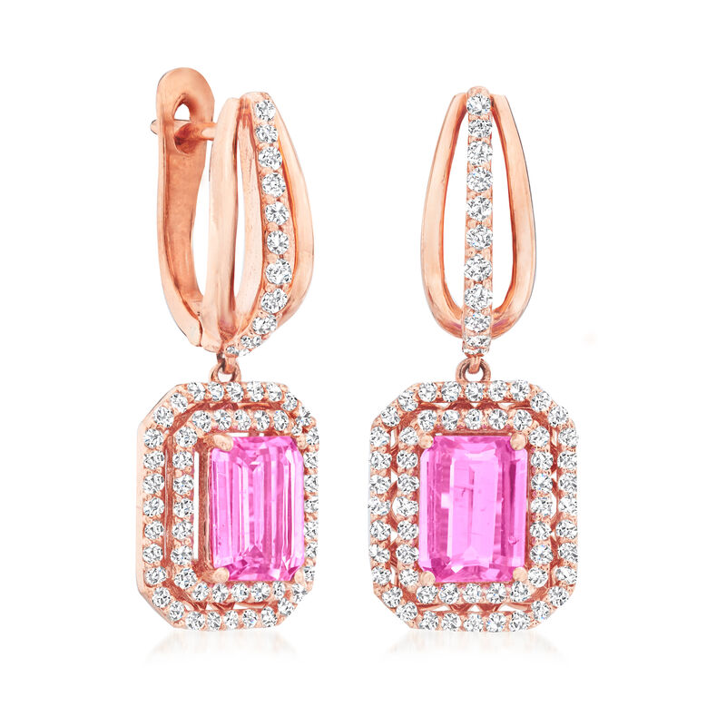 2.20 ct. t.w. Pink Sapphire and .77 ct. t.w. Diamond Hoop Drop Earrings in 14kt Rose Gold image number 2