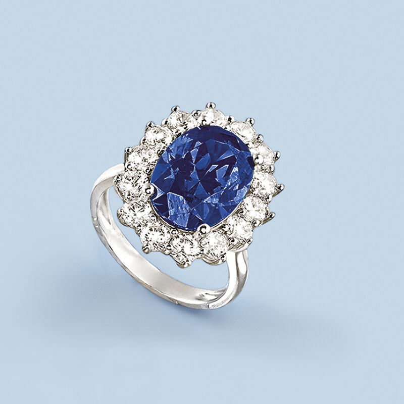 5.30 Carat Simulated Sapphire and 1.80 ct. t.w. CZ Ring in Sterling Silver image number 4