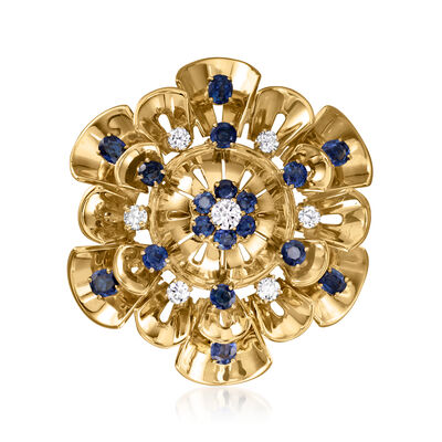 C. 1960 Vintage 2.40 ct. t.w. Sapphire and .65 ct. t.w. Diamond Flower Pin in 14kt Yellow Gold