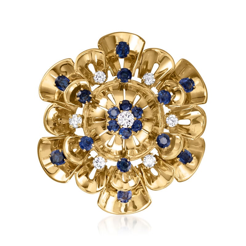 C. 1960 Vintage 2.40 ct. t.w. Sapphire and .65 ct. t.w. Diamond Flower Pin in 14kt Yellow Gold image number 0