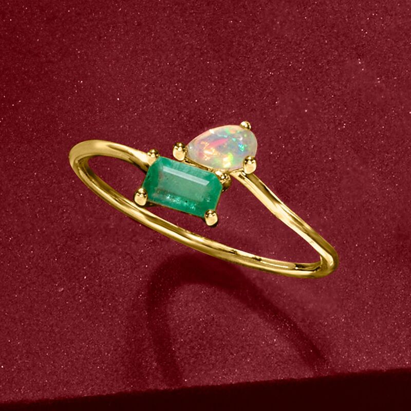 Opal and .20 Carat Emerald Toi et Moi Ring in 14kt Yellow Gold image number 3