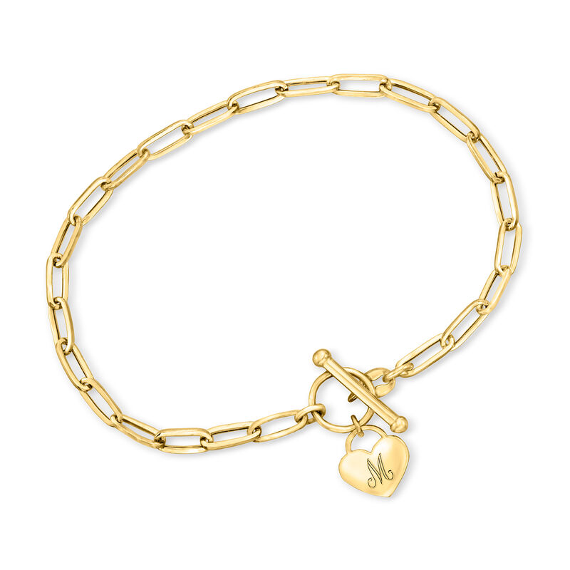 Plain - Italian 14kt Yellow Gold Personalized Heart Charm Paper Clip Link Bracelet. 7&quot; image number 0