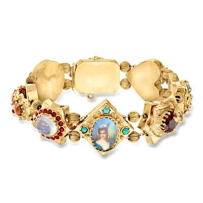 C. 1950 Vintage 1.5-5.5mm Cultured Pearl and 9.91 ct. t.w. Multi-Gemstone Slide Charm Bracelet in 14kt Yellow Gold