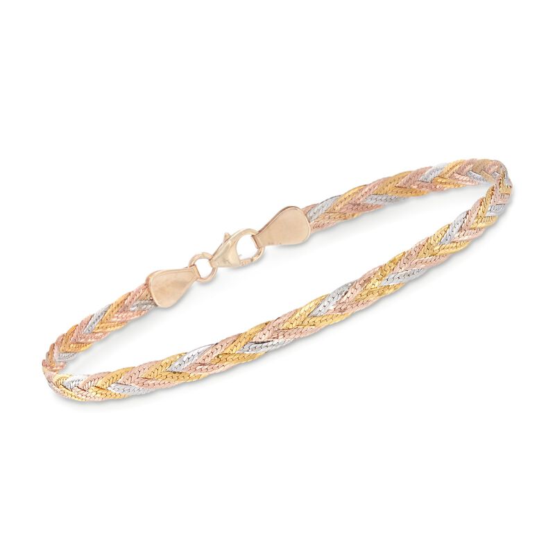 Italian 14kt Tri-Colored Gold Braided Herringbone Bracelet image number 0