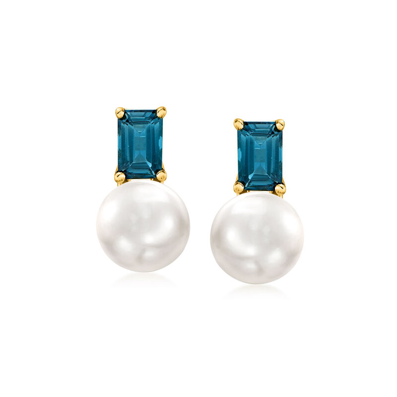 8-8.5mm Cultured Pearl and 1.20 ct. t.w. London Blue Topaz Earrings in 18kt Gold Over Sterling image number 0