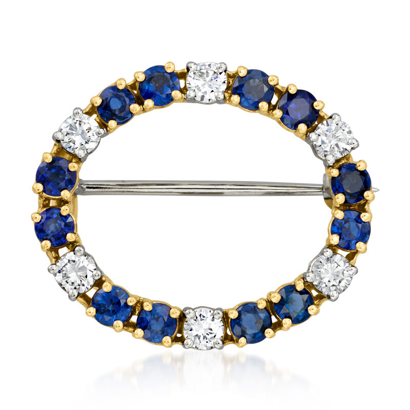 C. 1980 Vintage 1.20 ct. t.w. Sapphire and .60 ct. t.w. Diamond Oval Pin in 18kt Two-Tone Gold  image number 0