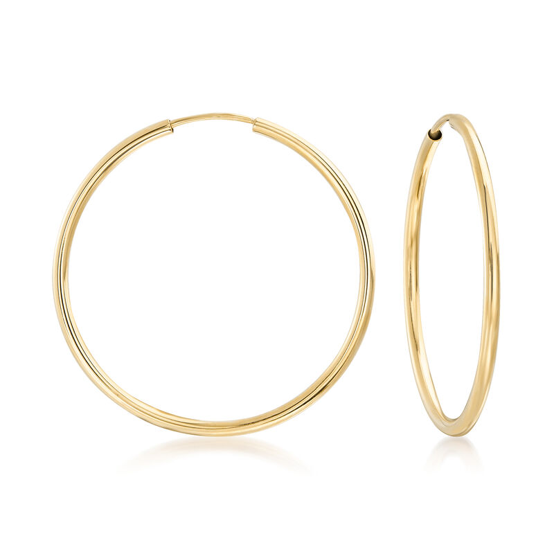 1.5mm 14kt Yellow Gold Endless Hoop Earrings. 1 1/8&quot; image number 0