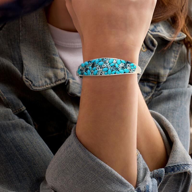 Turquoise and 8.90 ct. t.w. Tonal Blue Topaz Bangle Bracelet with White Zircons in Sterling Silver image number 1
