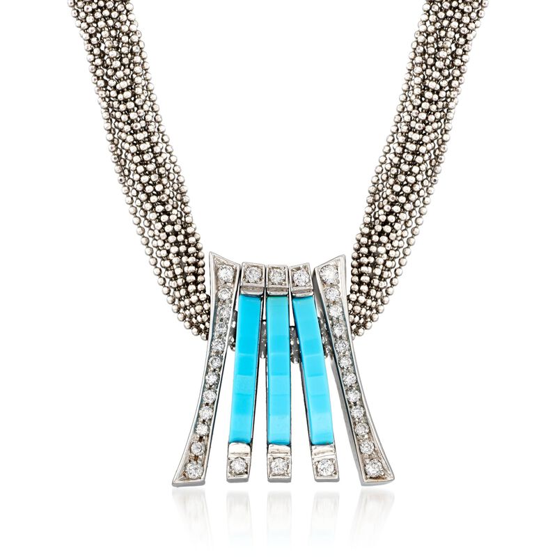 C. 1990 Vintage Turquoise and .70 ct. t.w. Diamond Slide Pendant Necklace in 18kt White Gold image number 2