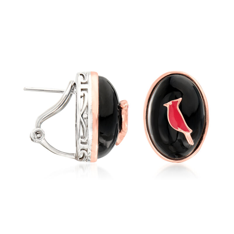Black Agate and Red Enamel Cardinal Earrings in Two-Tone Sterling Silver image number 2