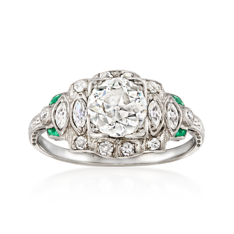 C. 1930 Vintage 1.61 ct. t.w. Diamond Ring with .10 ct. t.w. Synthetic Emeralds in Platinum. Size 6.5