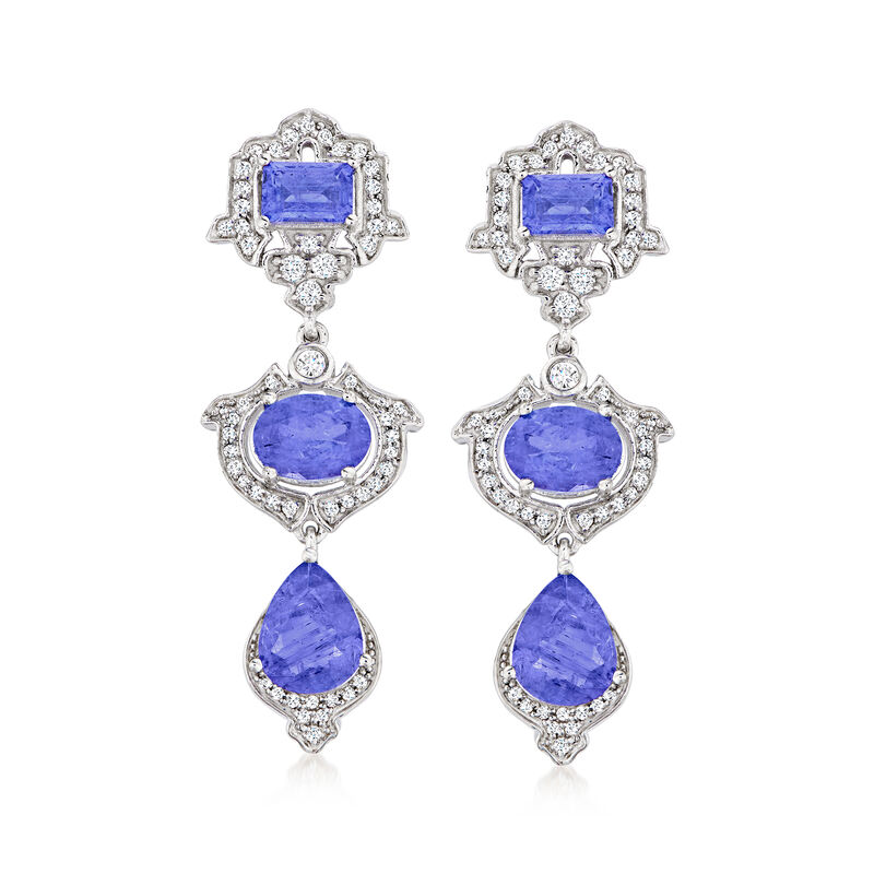 6.40 ct. t.w. Tanzanite and .80 ct. t.w. White Topaz Three-Tier Drop Earrings in Sterling Silver image number 0