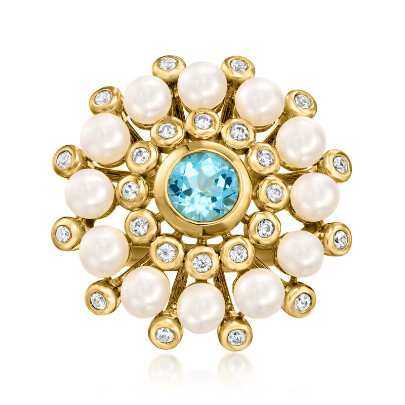 .90 Carat Swiss Blue Topaz and .40 ct. t.w. White Zircon Ring with 4-4.5mm Cultured Pearls in 18kt Gold Over Sterling image number 0