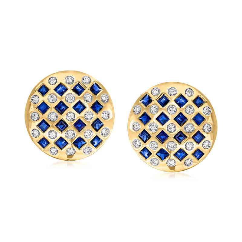 C. 1980 Vintage 3.20 ct. t.w. Sapphire and 1.05 ct. t.w. Diamond Earrings in 18kt Yellow Gold image number 0