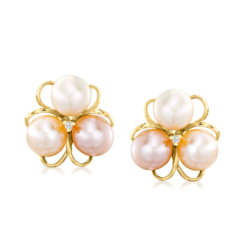 6.5mm Multicolored Cultured Pearl Flower Earrings with Diamonds in 18kt Gold Over Sterling image number 0