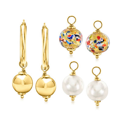Italian 18kt Gold Over Sterling Jewelry Set: Hoop Earrings and Three Pairs of Interchangeable Drops