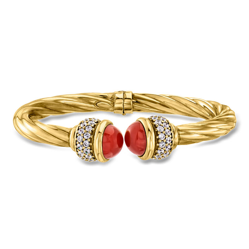 Italian Carnelian and 1.30 ct. t.w. CZ Twisted Cuff Bracelet in 18kt Gold Over Sterling image number 0