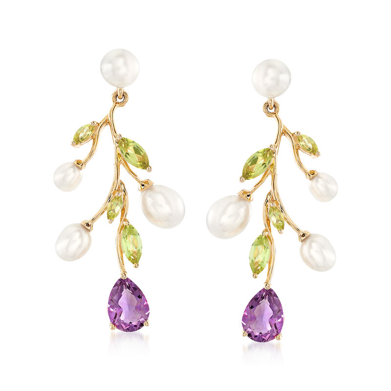4-6mm Cultured Pearl Tree Branch Earrings with 1.80 ct. t.w. Amethyst and 1.20 ct. t.w. Peridot in 18kt Gold Over Sterling image number 0