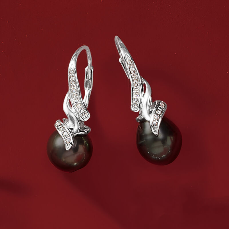 9-9.5mm Black Cultured Tahitian Pearl Drop Earrings with Diamonds in Sterling Silver  image number 3