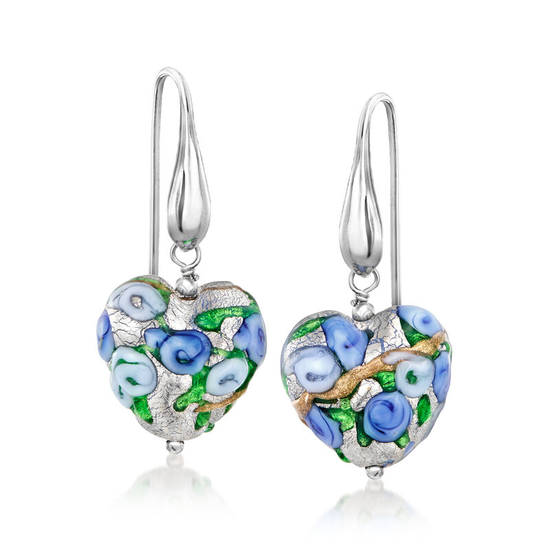 Italian Multicolored Murano Glass Floral Heart Drop Earrings with Sterling Silver image number 0