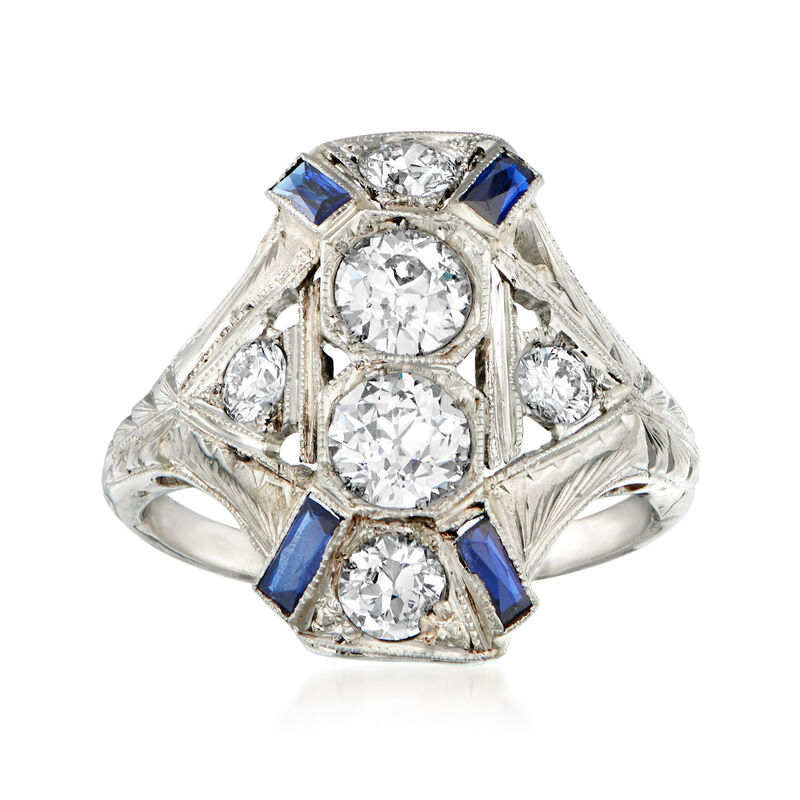 C. 1950 Vintage 1.28 ct. t.w. Diamond and .30 ct. t.w. Synthetic Sapphire Cocktail Ring in 18kt White Gold. Size 5.75 image number 0