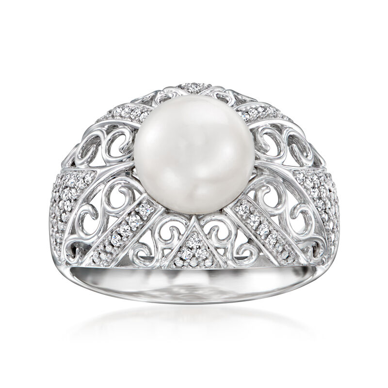 8-8.5mm Cultured Pearl and .10 ct. t.w. Diamond Filigree Ring in Sterling Silver image number 0