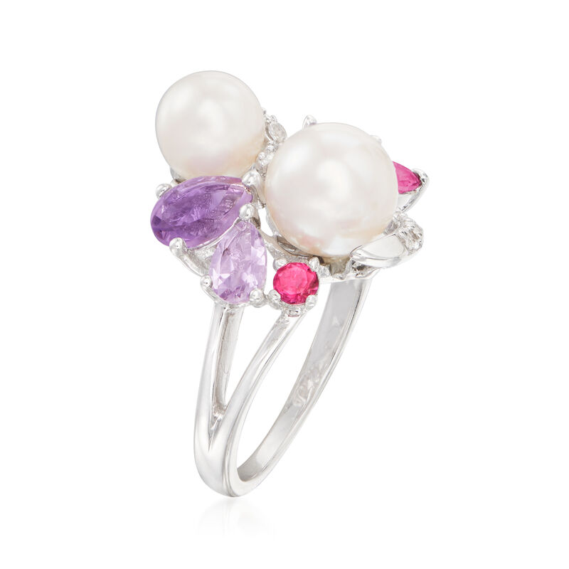 6.5-8mm Cultured Pearl and 1.19 ct. t.w. Multi-Gemstone Ring in Sterling Silver image number 2