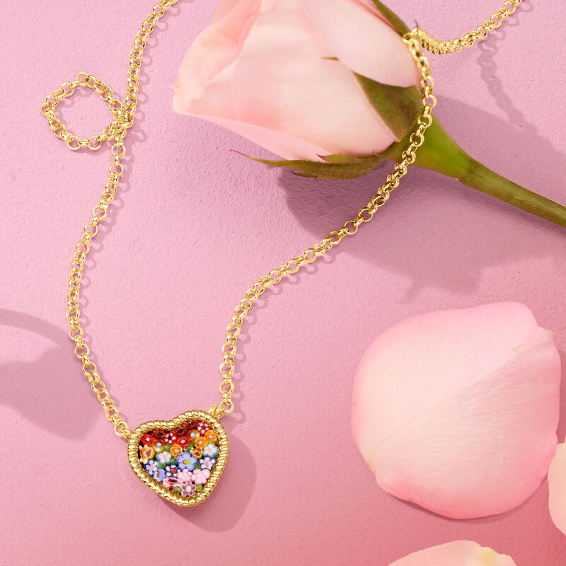 Italian Multicolored Murano Glass Mosaic Floral Heart Necklace in 18kt Gold Over Sterling image number 2