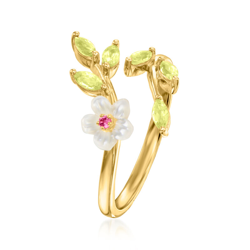 Mother-of-Pearl and .30 ct. t.w. Peridot Flower Ring with Rhodolite Garnet in 18kt Gold Over Sterling image number 2