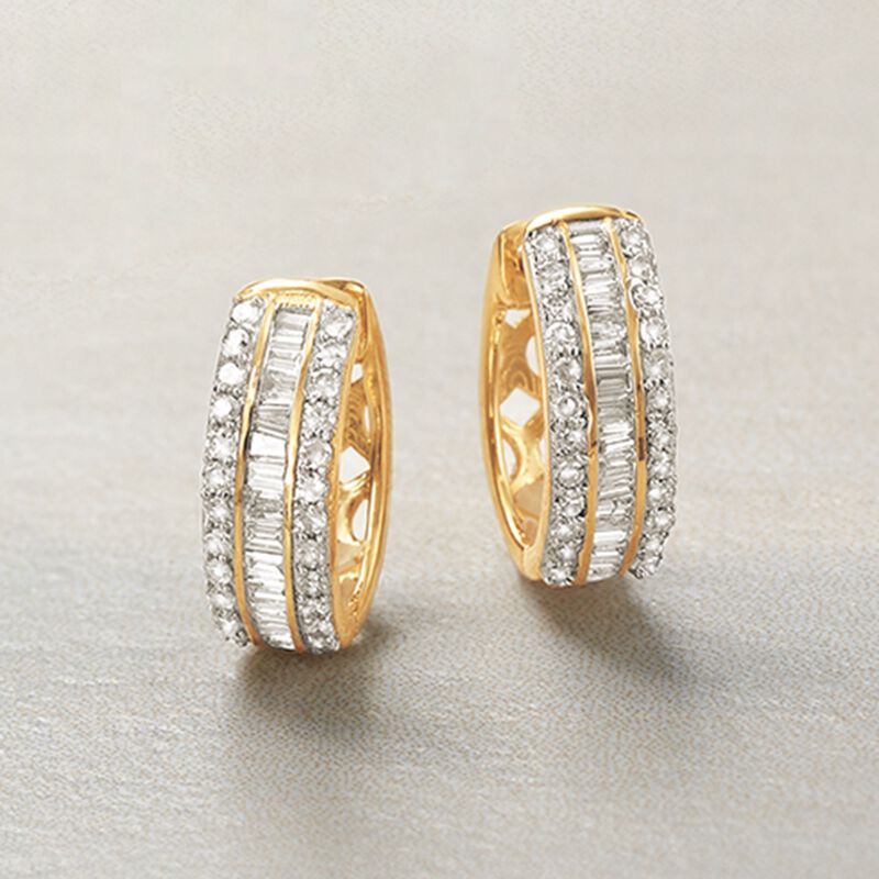 .50 ct. t.w. Baguette and Round Diamond Huggie Hoop Earrings in 14kt Yellow Gold image number 3